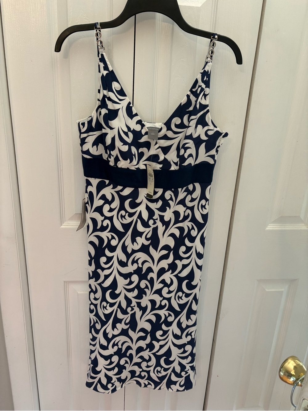 Ann Taylor Navy and White Scroll-Print Midi Dress